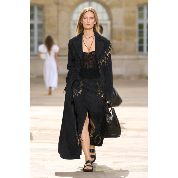 Gabriela Hearst Thaniel Fringe Trench Coat in Black Suede with Charms, view 2