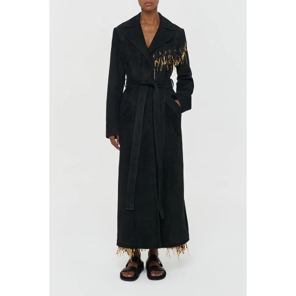 Gabriela Hearst Thaniel Fringe Trench Coat in Black Suede with Charms, view 4