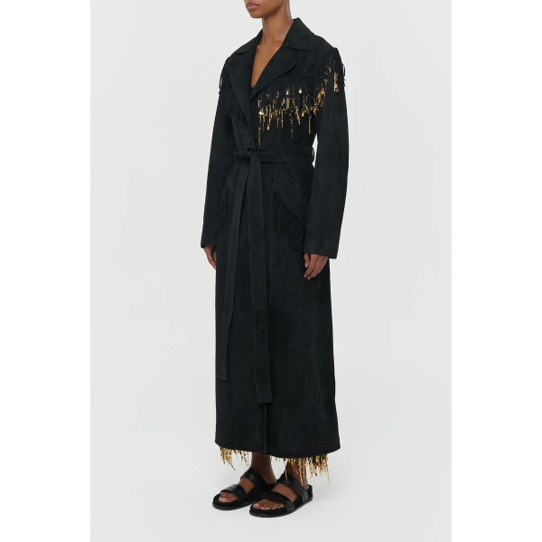Gabriela Hearst Thaniel Fringe Trench Coat in Black Suede with Charms, view 5