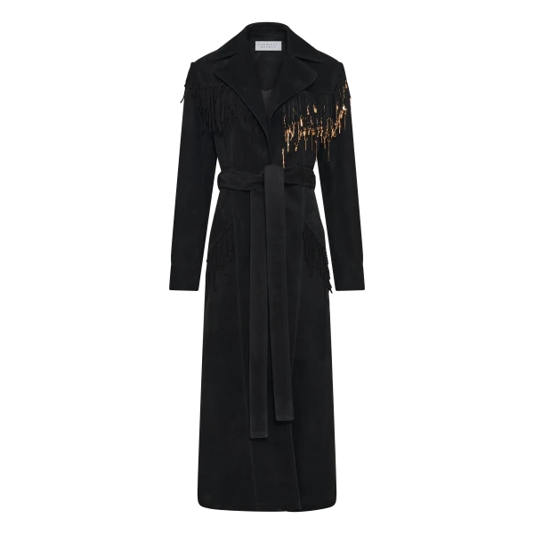 Gabriela Hearst Thaniel Fringe Trench Coat in Black Suede with Charms, view 6