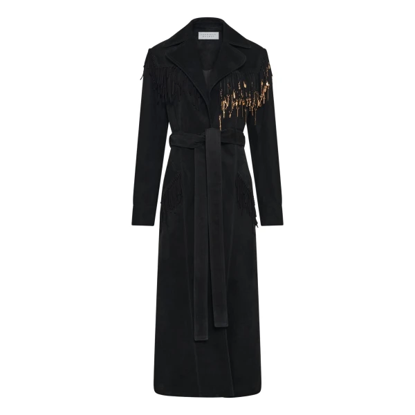 Gabriela Hearst Thaniel Fringe Trench Coat in Black Suede with Charms