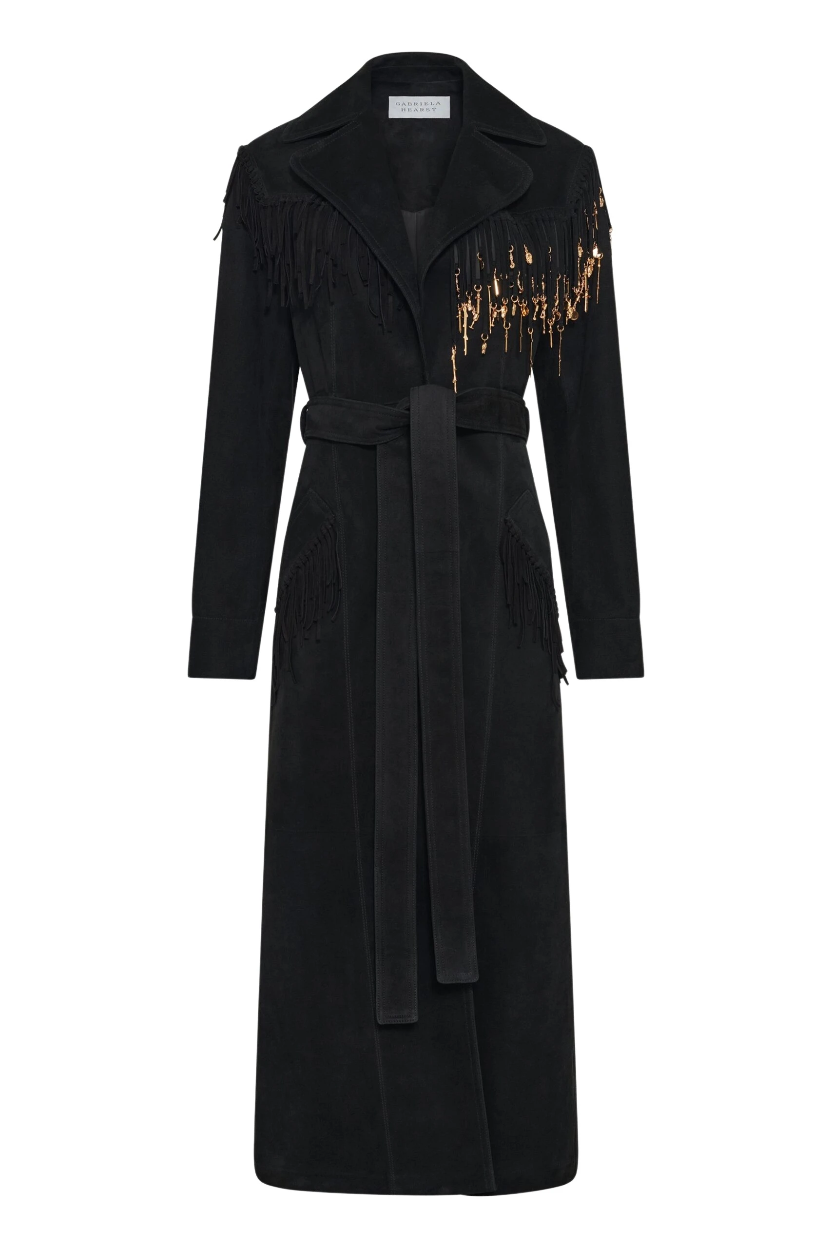 Thaniel Fringe Trench Coat in Black Suede with Charms