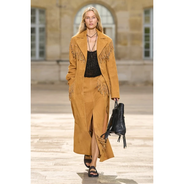 Gabriela Hearst Thaniel Fringe Trench Coat in Cashew Suede with Charms, view 2