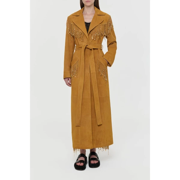 Gabriela Hearst Thaniel Fringe Trench Coat in Cashew Suede with Charms, view 4
