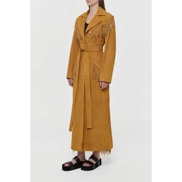 Gabriela Hearst Thaniel Fringe Trench Coat in Cashew Suede with Charms, view 5