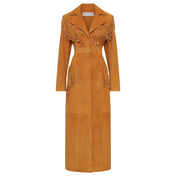 Gabriela Hearst Thaniel Fringe Trench Coat in Cashew Suede with Charms, view 6