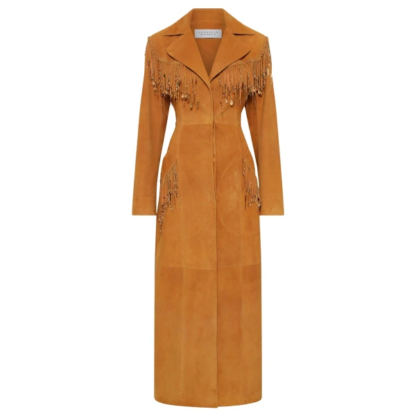 Gabriela Hearst Thaniel Fringe Trench Coat in Cashew Suede with Charms