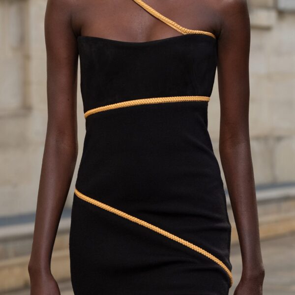 Gabriela Hearst Tibor Rope Strapless Maxi Dress in Black Suede & Merino Wool, view 3