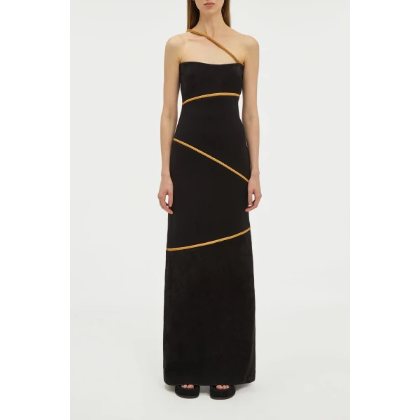 Gabriela Hearst Tibor Rope Strapless Maxi Dress in Black Suede & Merino Wool, view 4