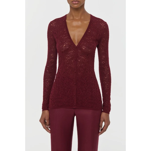 Gabriela Hearst Ultraris Lace Knit Cardigan in Bordeaux Merino Wool, view 2