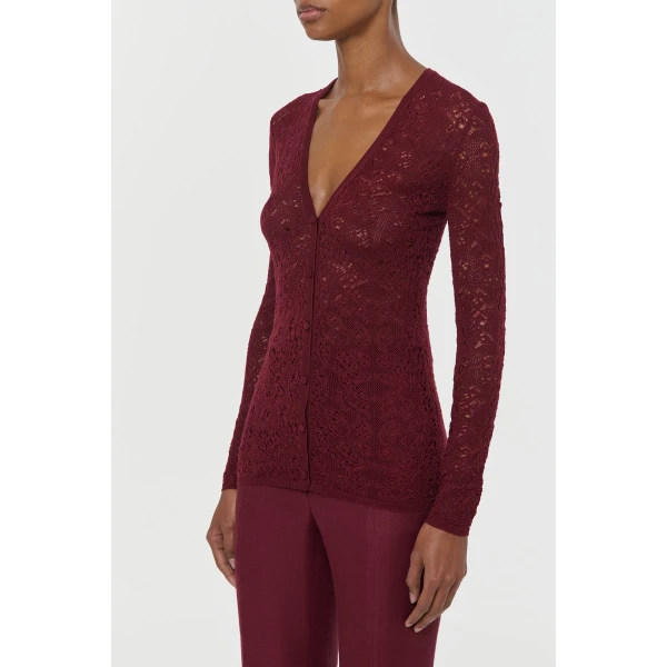Gabriela Hearst Ultraris Lace Knit Cardigan in Bordeaux Merino Wool, view 3