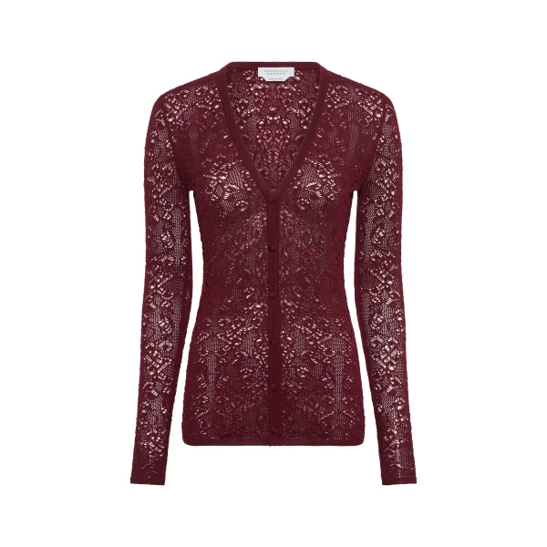 Gabriela Hearst Ultraris Lace Knit Cardigan in Bordeaux Merino Wool, view 6