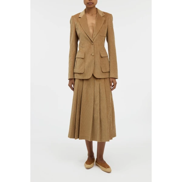 Gabriela Hearst Wesley Pleated Skirt in Camel Sea Island Cotton Corduroy, view 2