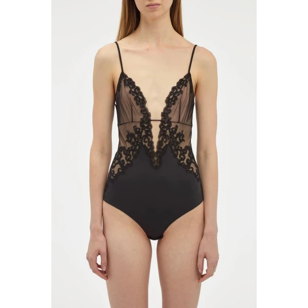 Gabriela Hearst Wynona Bodysuit in Black Recycled Nylon Lace, view 2