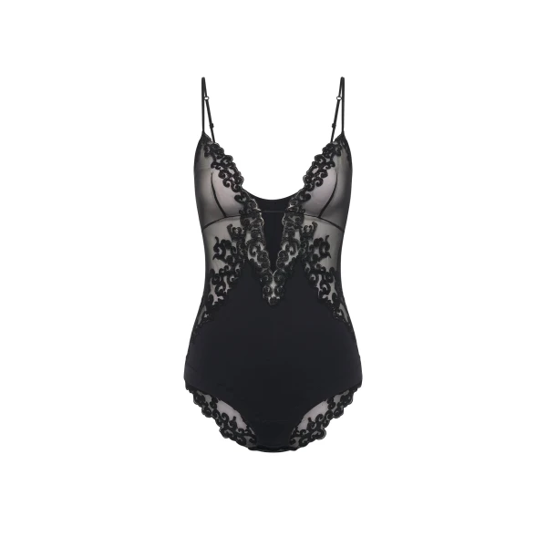 Gabriela Hearst Wynona Bodysuit in Black Recycled Nylon Lace, view 6