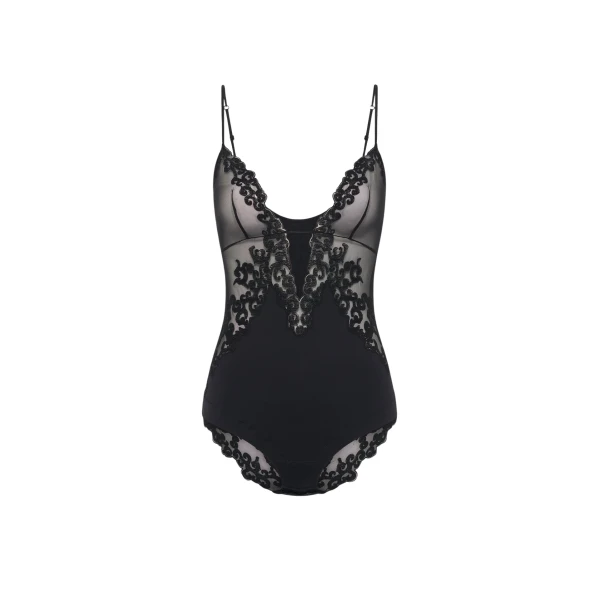 Gabriela Hearst Wynona Bodysuit in Black Recycled Nylon Lace