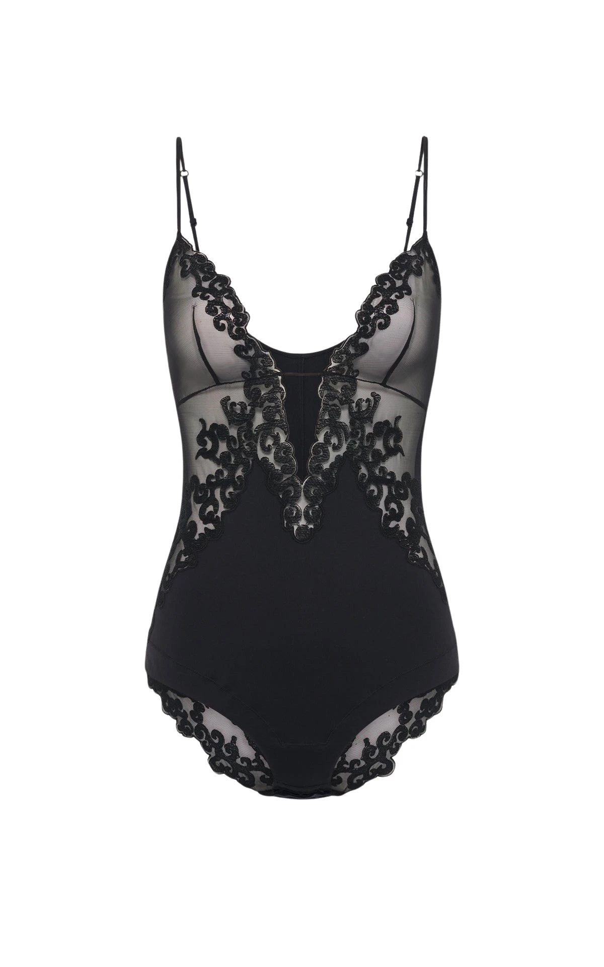 Gabriela Hearst Wynona Bodysuit in Black Recycled Nylon Lace