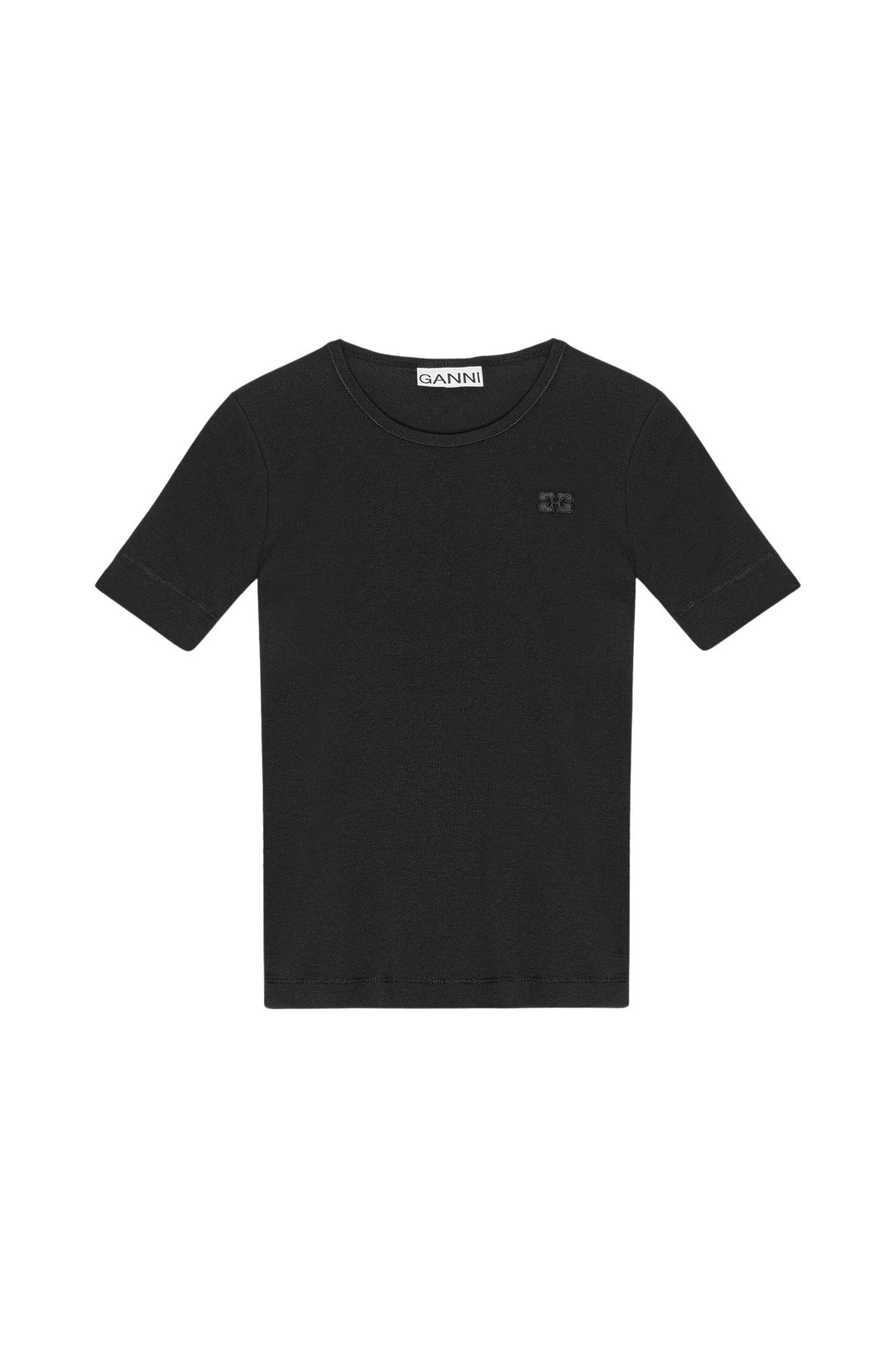 Ganni Black Soft Cotton Rib T-Shirt Top