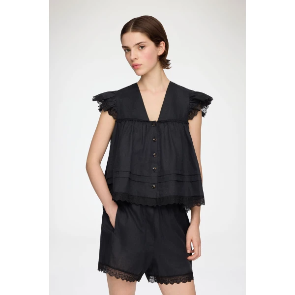 Ganni Blouse in Black Linen, view 2