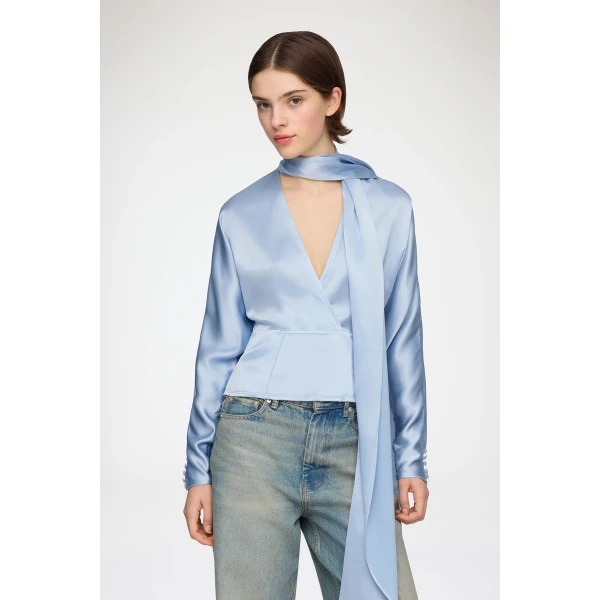 Ganni Blouse in Blue Satin, view 2