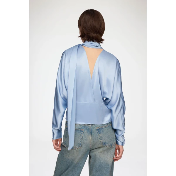 Ganni Blouse in Blue Satin, view 4