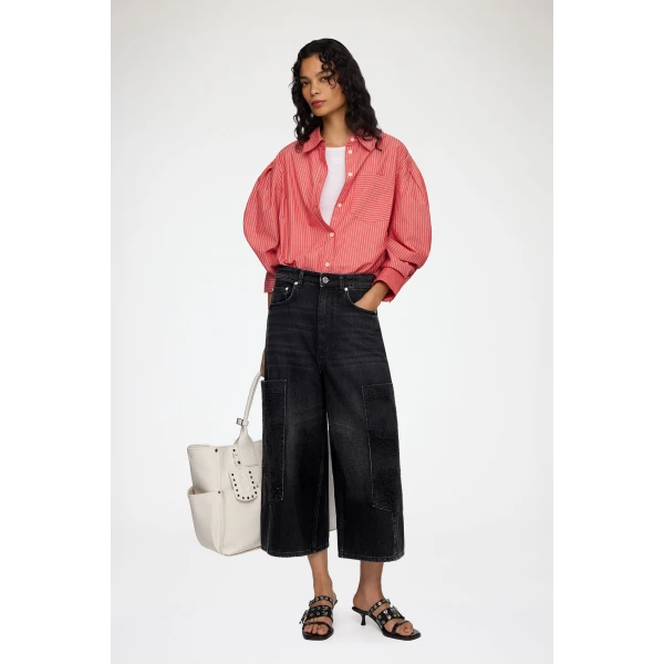 Ganni Cropped Cargo Jeans in Black Denim, view 2