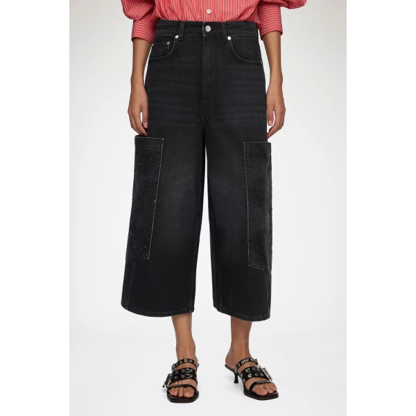 Ganni Cropped Cargo Jeans in Black Denim, view 3