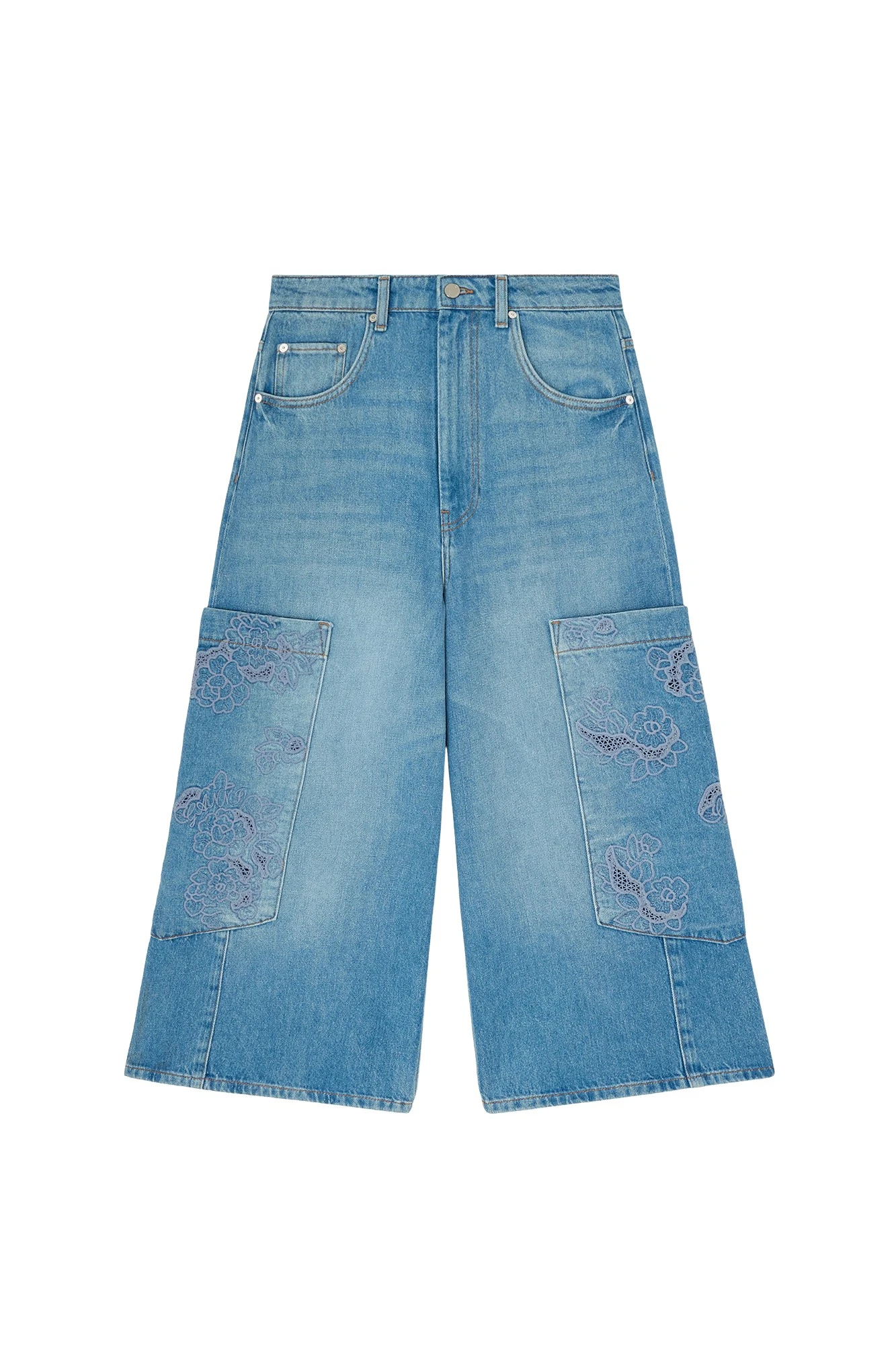 Ganni Cropped Cargo Jeans in Blue Denim