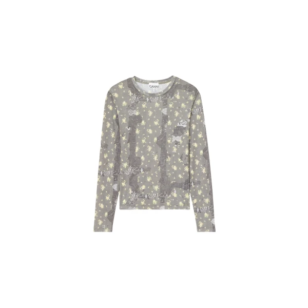 Ganni Long-sleeve Top in Printed Marl Mesh