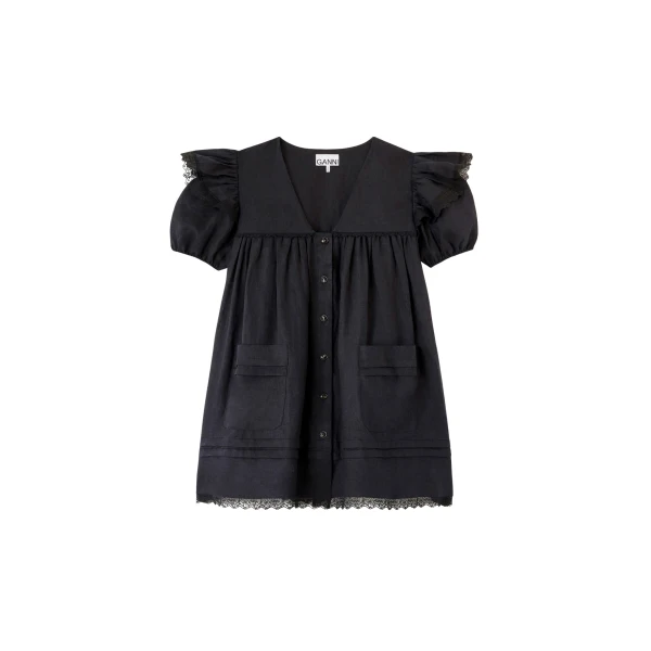 Ganni Mini Dress in Black Linen