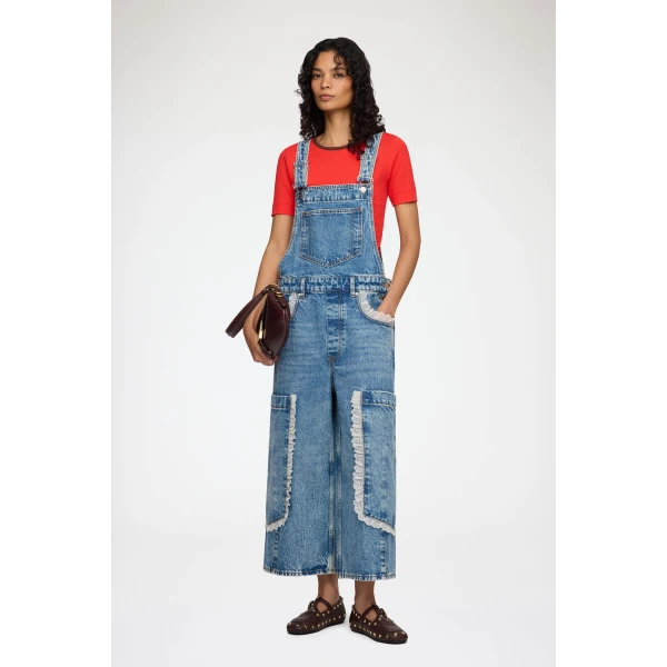 Ganni Overalls Cropped Lace in Rigid Denim, view 2