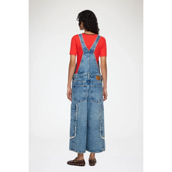Ganni Overalls Cropped Lace in Rigid Denim, view 3