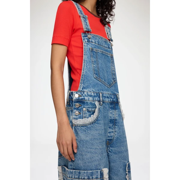 Ganni Overalls Cropped Lace in Rigid Denim, view 4