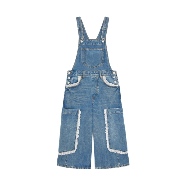 Ganni Overalls Cropped Lace in Rigid Denim