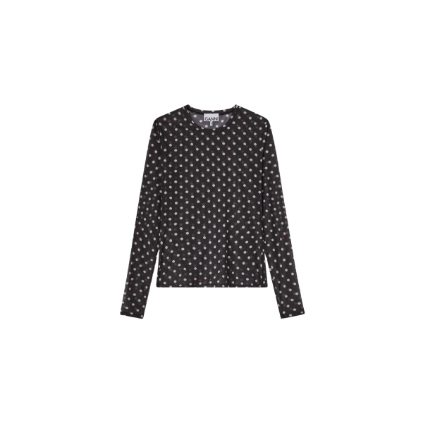 Ganni Printed Sheer Long-sleeve Top