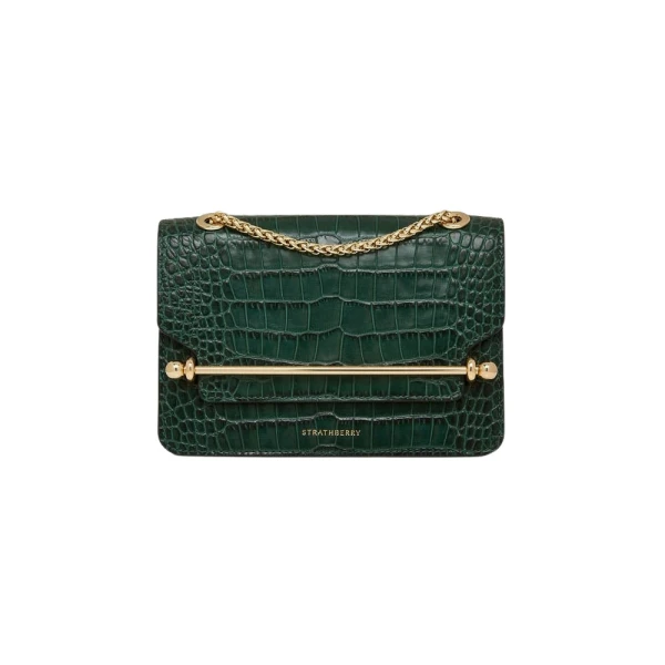 East/West Mini in Croc-embossed Leather Bottle Green