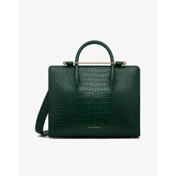 Strathberry Midi Tote in Croc-embossed Leather Bottle Green, view 2