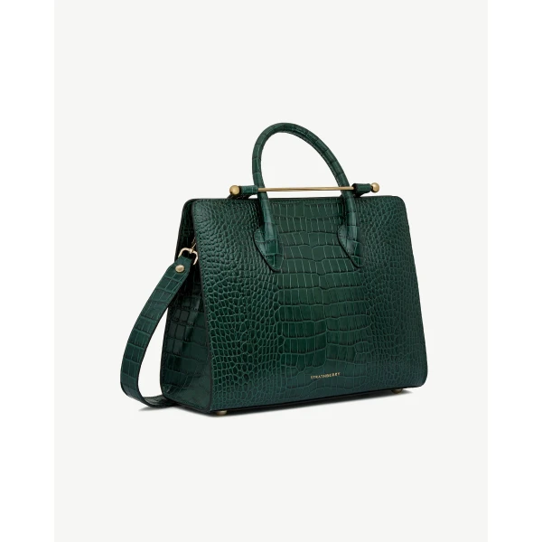 Strathberry Midi Tote in Croc-embossed Leather Bottle Green, view 3