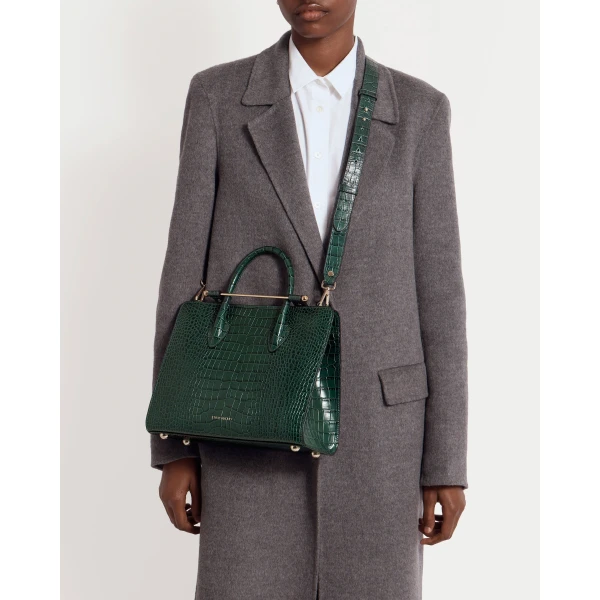 Strathberry Midi Tote in Croc-embossed Leather Bottle Green, view 8