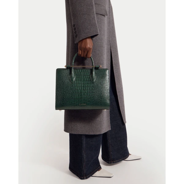 Strathberry Midi Tote in Croc-embossed Leather Bottle Green, view 9