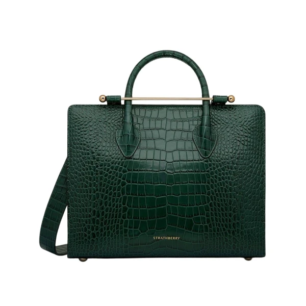 Midi Tote in Croc-embossed Leather Bottle Green