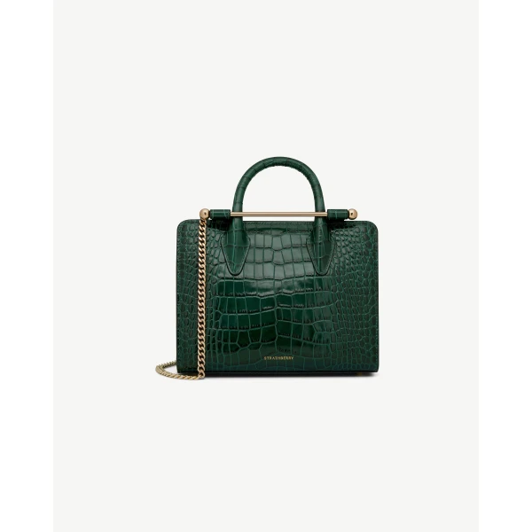 Strathberry Mini Tote in Croc-embossed Bottle Green, view 2