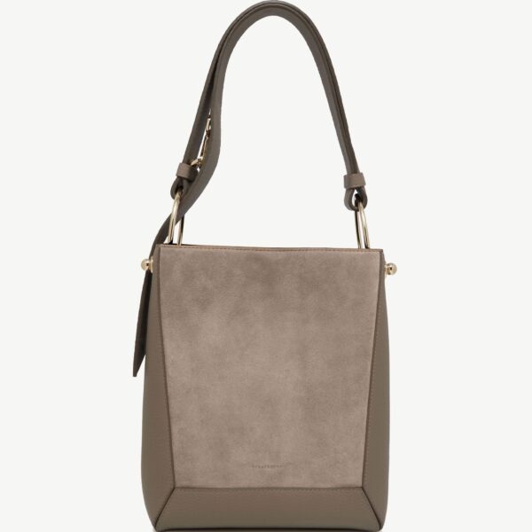 Strathberry Lana Midi Bucket Bag in Taupe Suede, view 2