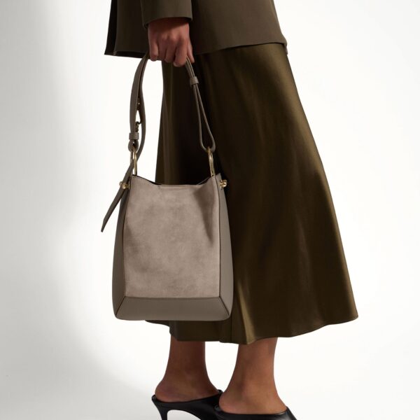Strathberry Lana Midi Bucket Bag in Taupe Suede, view 8