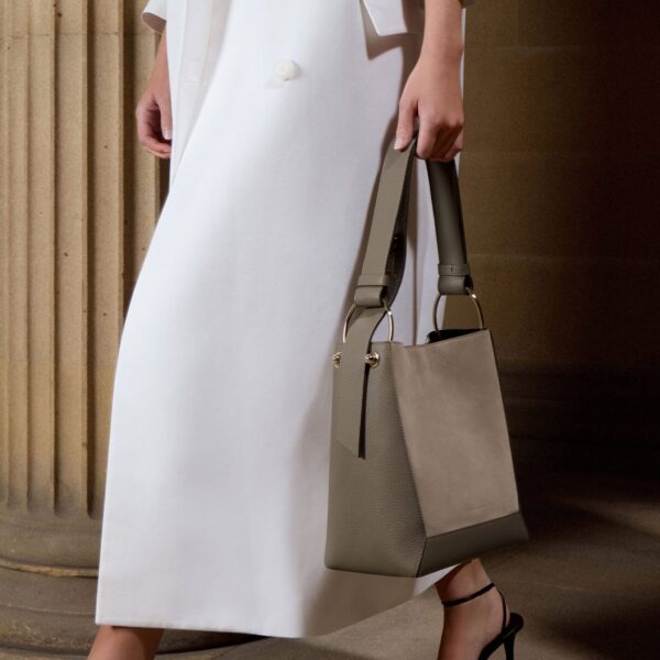 Strathberry Lana Midi Bucket Bag in Taupe Suede, view 9