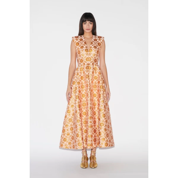 Huishan Zhang Kyle Dress in Copper Jacquard, view 2