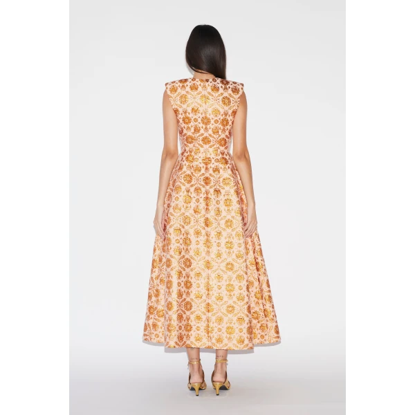Huishan Zhang Kyle Dress in Copper Jacquard, view 5
