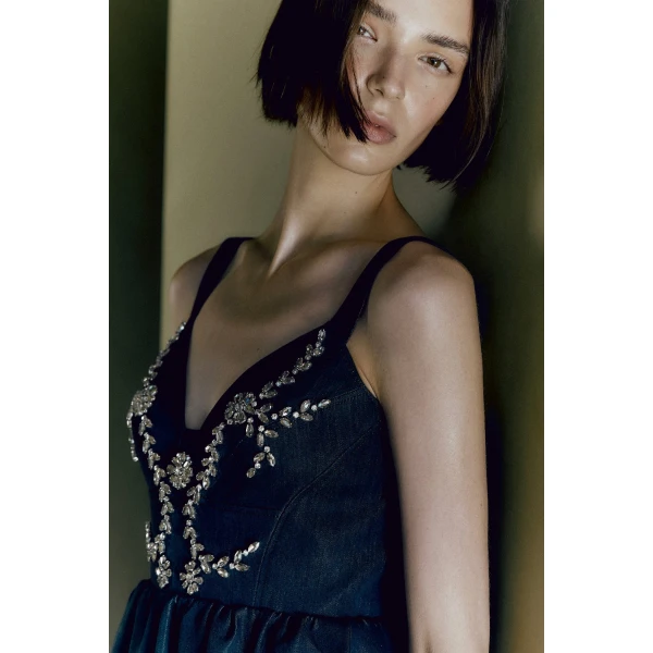Huishan Zhang Liviana Dress in Blue Chambray, view 3