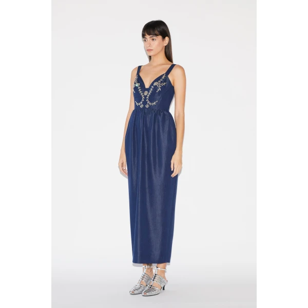 Huishan Zhang Liviana Dress in Blue Chambray, view 4
