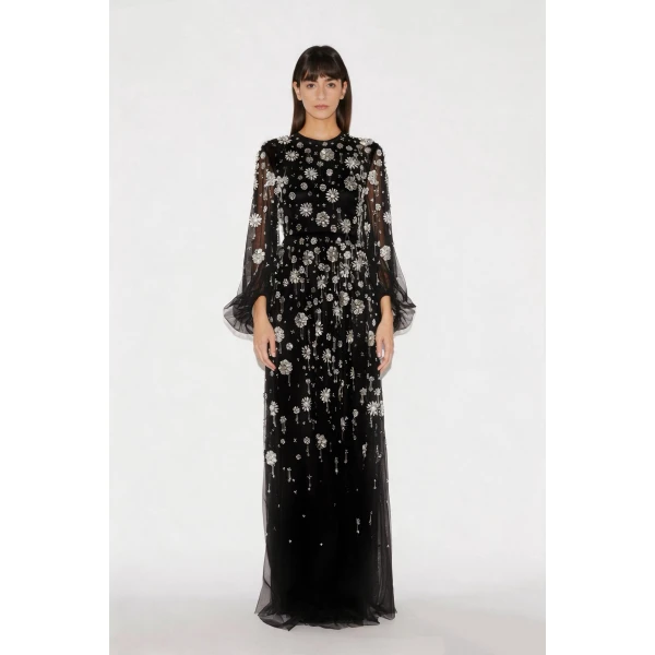 Huishan Zhang Micheline Gown in Black Embellished Tulle, view 3